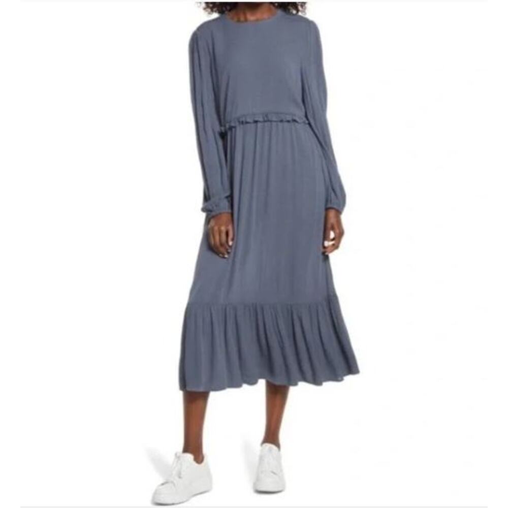 Charles Henry Blue Ruffle Hem midi day dress Size SMALL  NWT long sleeve BOHO